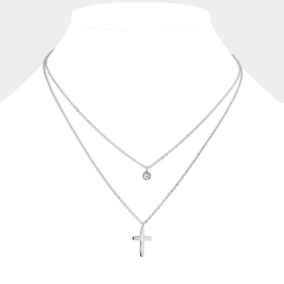 Silver Double Cross Bezel Pendant Layered Chain Necklace Stainless Steel Metal - Picture 2 of 3